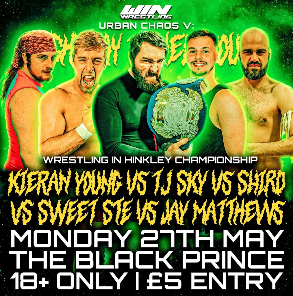 A match graphic for the wrestling in Hinkley championship featuringTomas James Sky, SHIRO, Sweet Ste & Jay Mathews