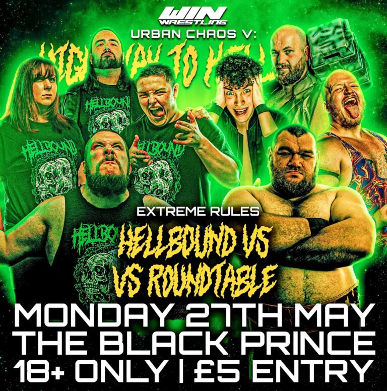 Main event graphic for Highway to hellbound featuring the Hellbound group and the round table. on a green background