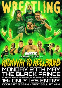 a poster with the posed members of the hellbound group and then members of the win roster underneath on a predominantly green background and show information